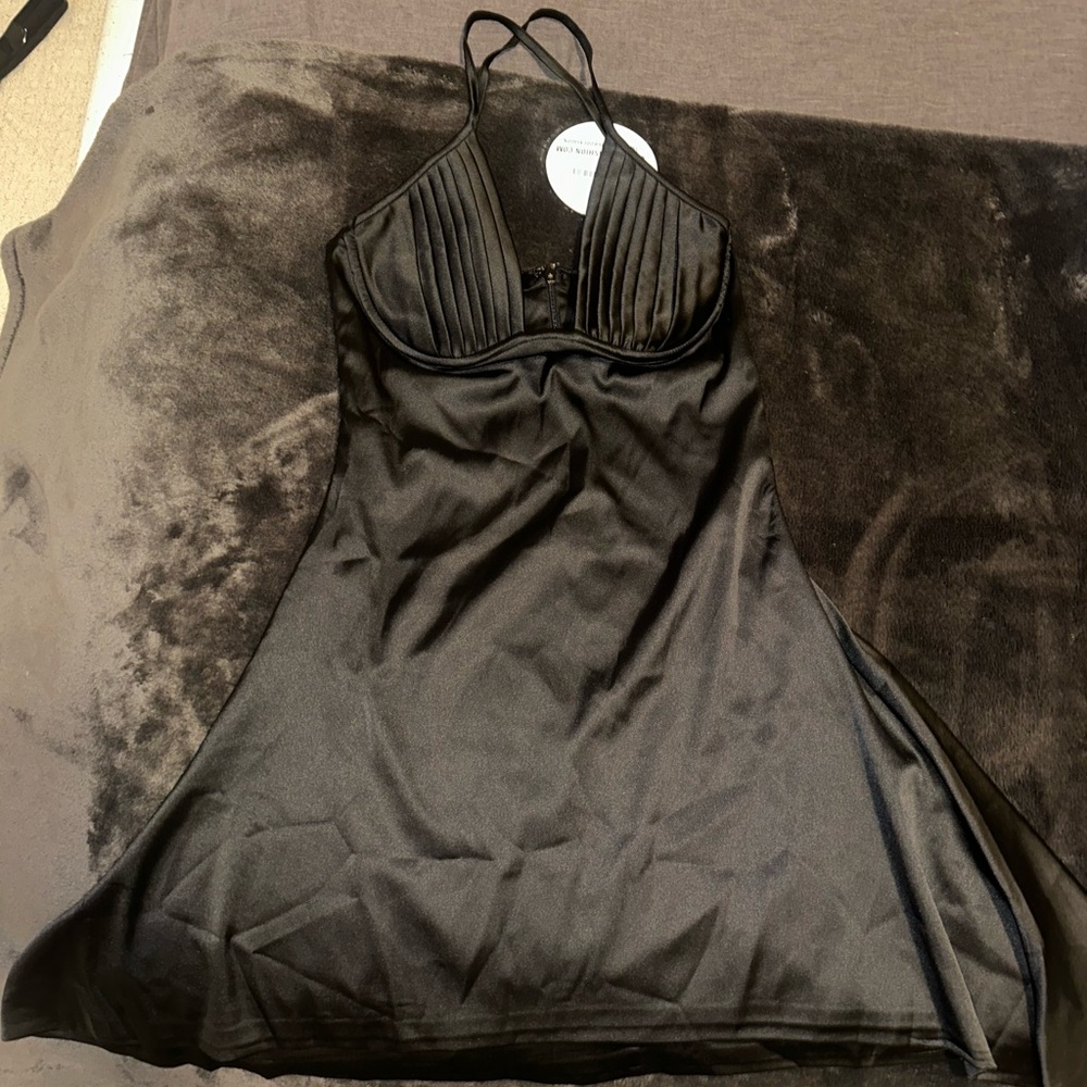 Satin Pleated Bust Black Chemise with Adjustable Straps